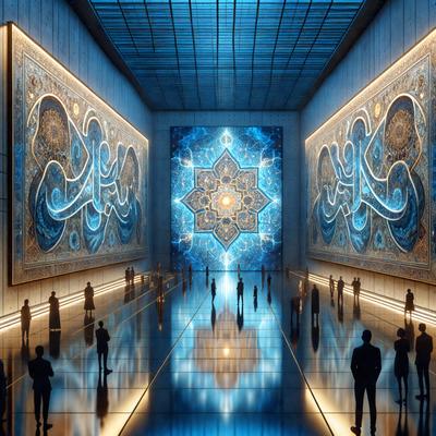 The primary subject of the image is a large, open, and empty room with a blue atmosphere. The room features a large, blue, and white mural on the wall, which serves as the main focus of the scene. The setting is a modern, artistic space with a futuristic vibe. The visual style of the image is a combination of digital art and illustration, creating a unique and captivating atmosphere. The colors and mood of the room are predominantly blue, which adds to the overall ambiance of